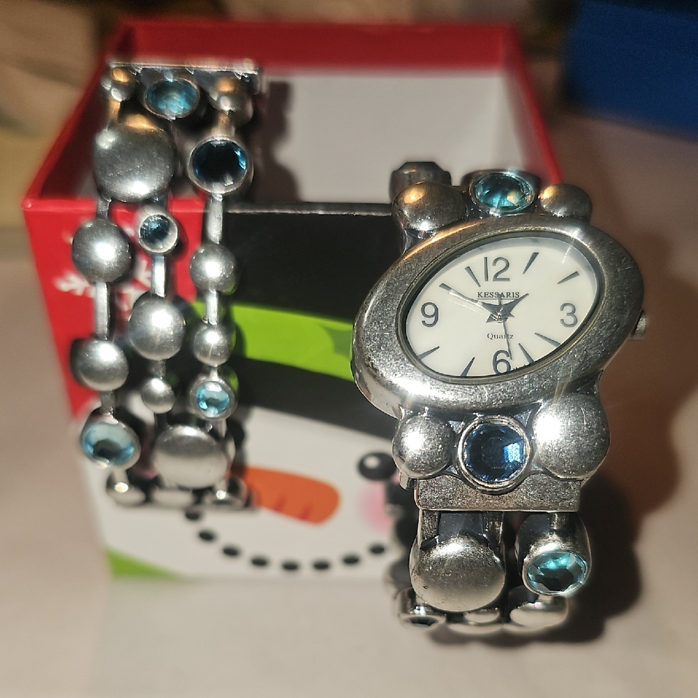 Kessaris Silvertone  With Blue Gems Wrist Watch And Bracelet